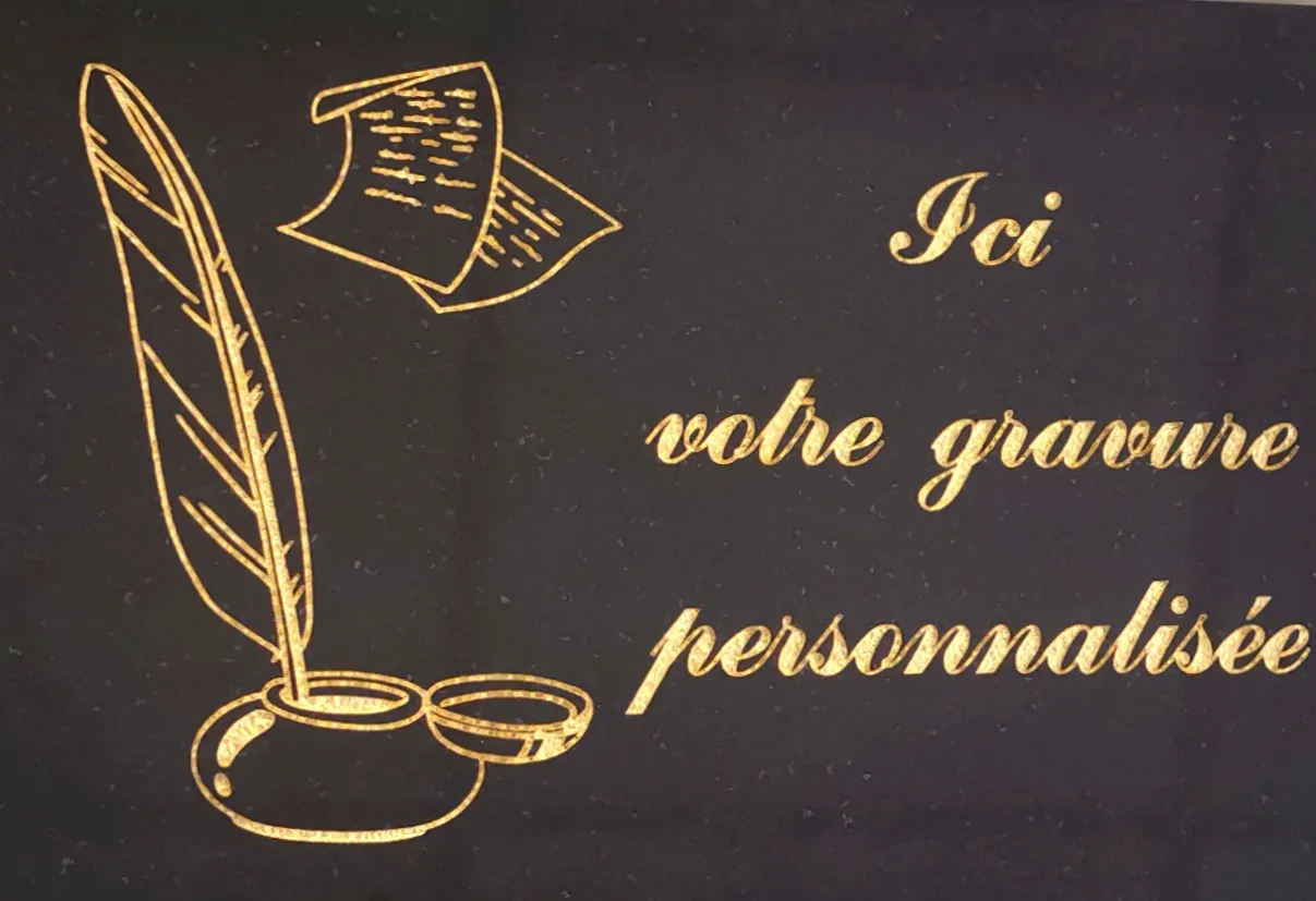 Plaque funéraire noire avec gravure dorée plume d'écriture et texte personnalisable